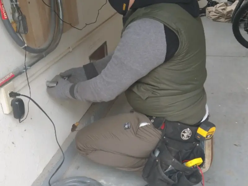Electrician performing outlet wiring in a Delano garage